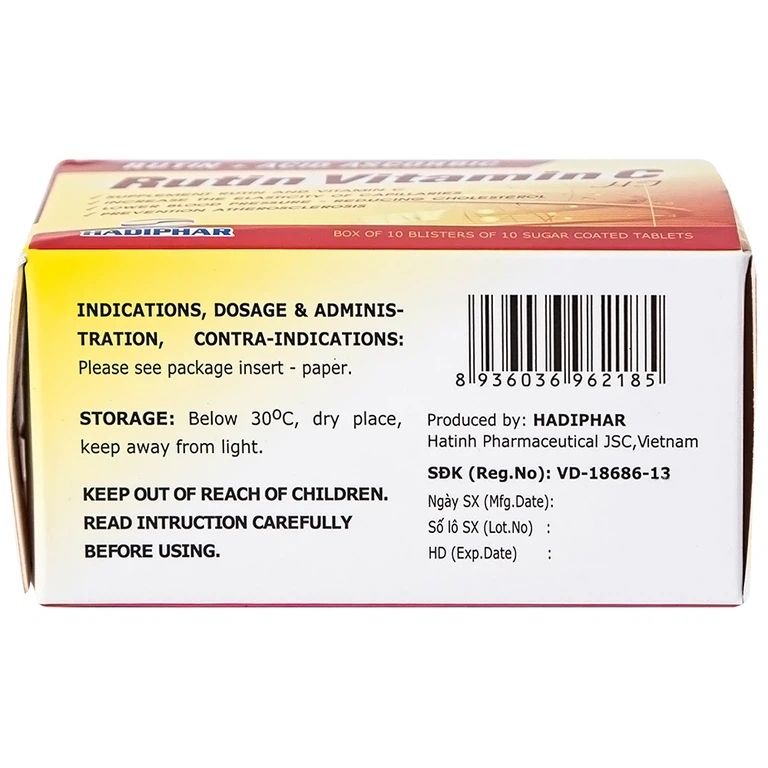 Thuốc Rutin Vitamin C Hadiphar tăng sức bền thành mao mạch, điều trị chứng giãn tĩnh mạch (10 vỉ x 10 viên)