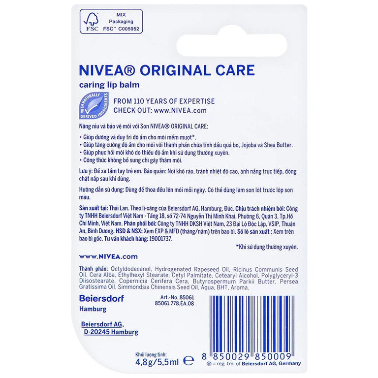 Son dưỡng ẩm Nivea Original Care dưỡng và duy trì độ ẩm cho môi (4.8g)