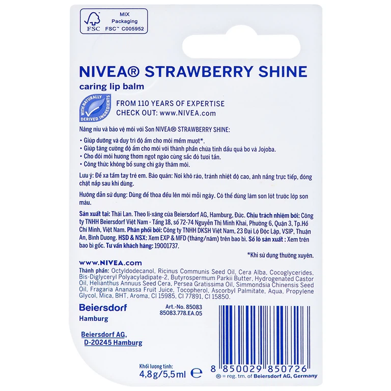 Son dưỡng ẩm Nivea Strawberry Shine dưỡng và duy trì độ ẩm cho môi (4,8g)
