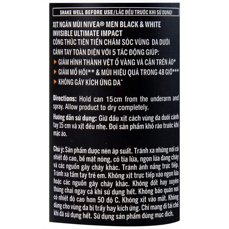 Xịt ngăn mùi Nivea Men Black & White Invisible Ultimate Impact giảm vết ố vàng, mồ hôi và mùi trong 48h (150ml) 