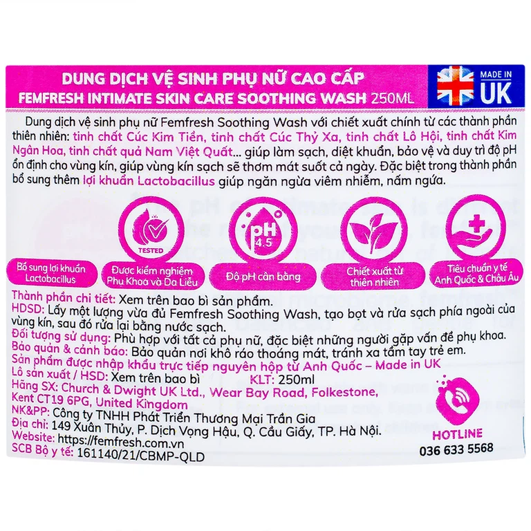 Dung dịch vệ sinh phụ nữ Femfresh Soothing Wash làm sạch, khử mùi hôi, làm thơm vùng kín (250ml)