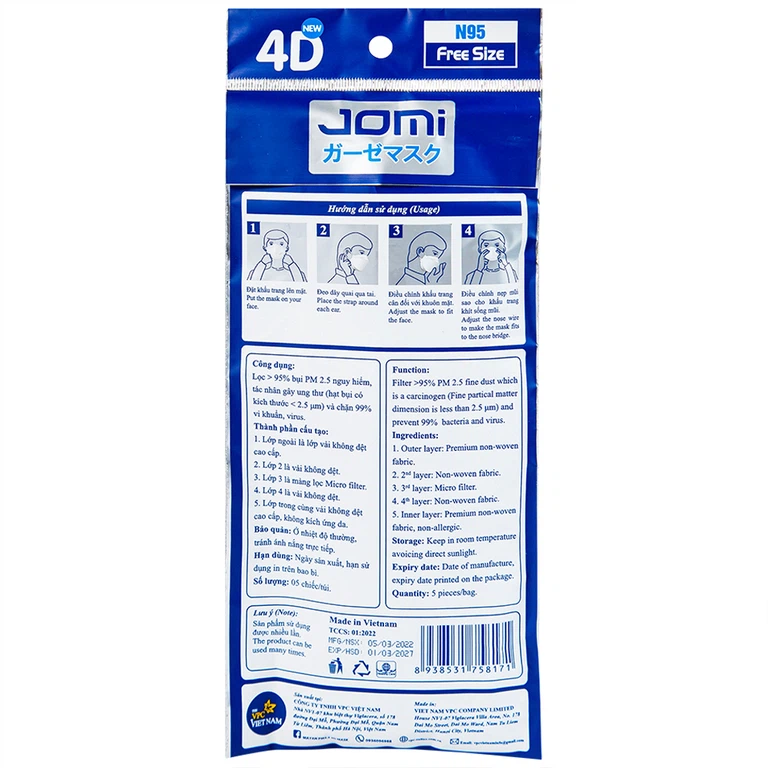 Khẩu trang Jomi 4D N95 lọc hơn 95% bụi PM2.5, chặn 99% vi khuẩn (5 cái)