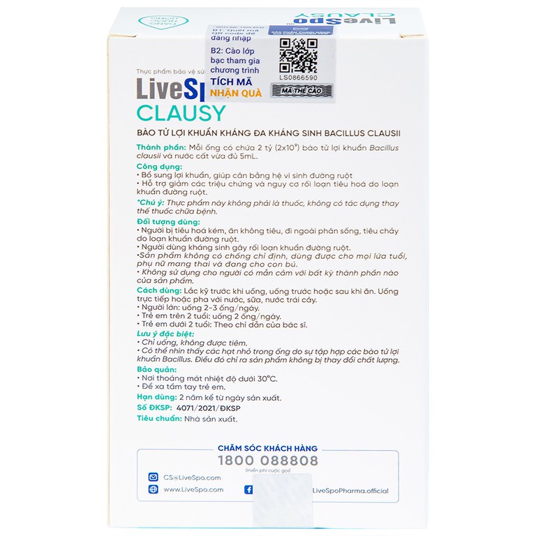 Dung dịch LiveSpo Clausy bổ sung lợi khuẩn, giúp cân bằng hệ vi sinh đường ruột (25 ống x 5ml)