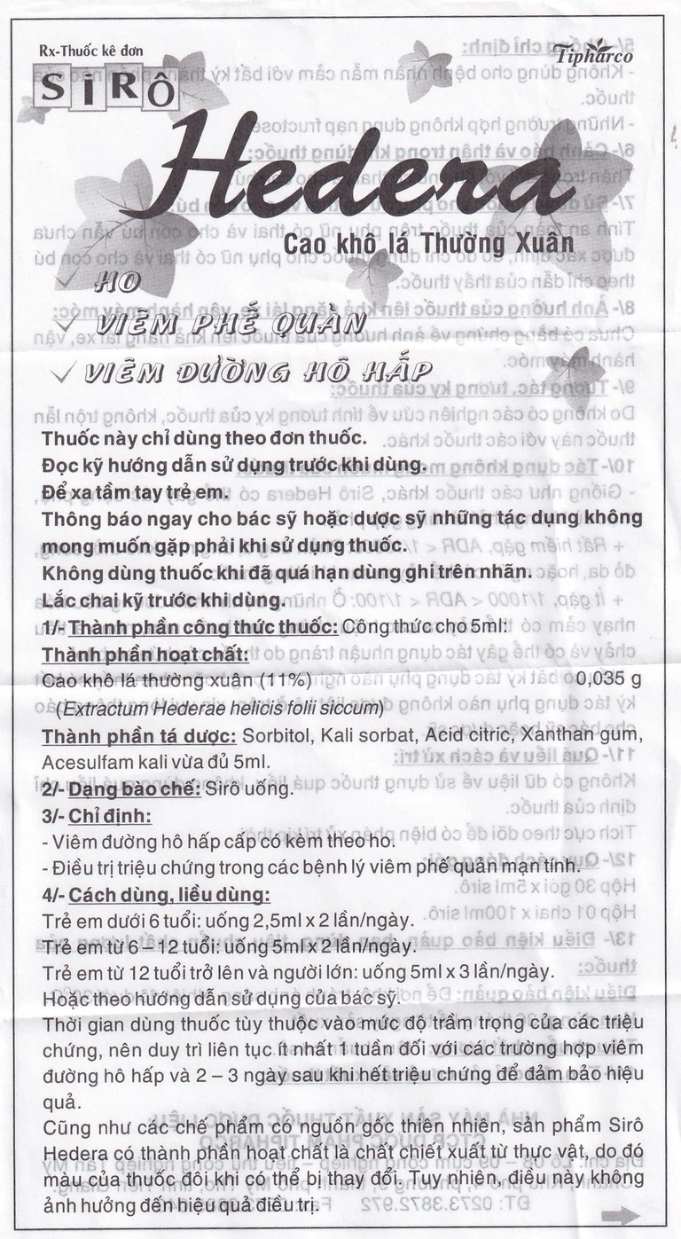 Siro Hedera Tipharco điều trị ho, viêm phế quản, viêm đường hô hấp (30 gói x 5ml)
