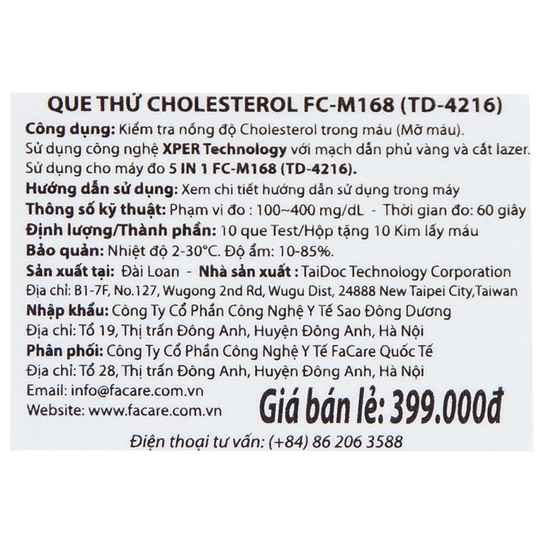 Que thử Cholesterol FaCare FC-M168 kiểm tra nồng độ cholesterol (10 cái)