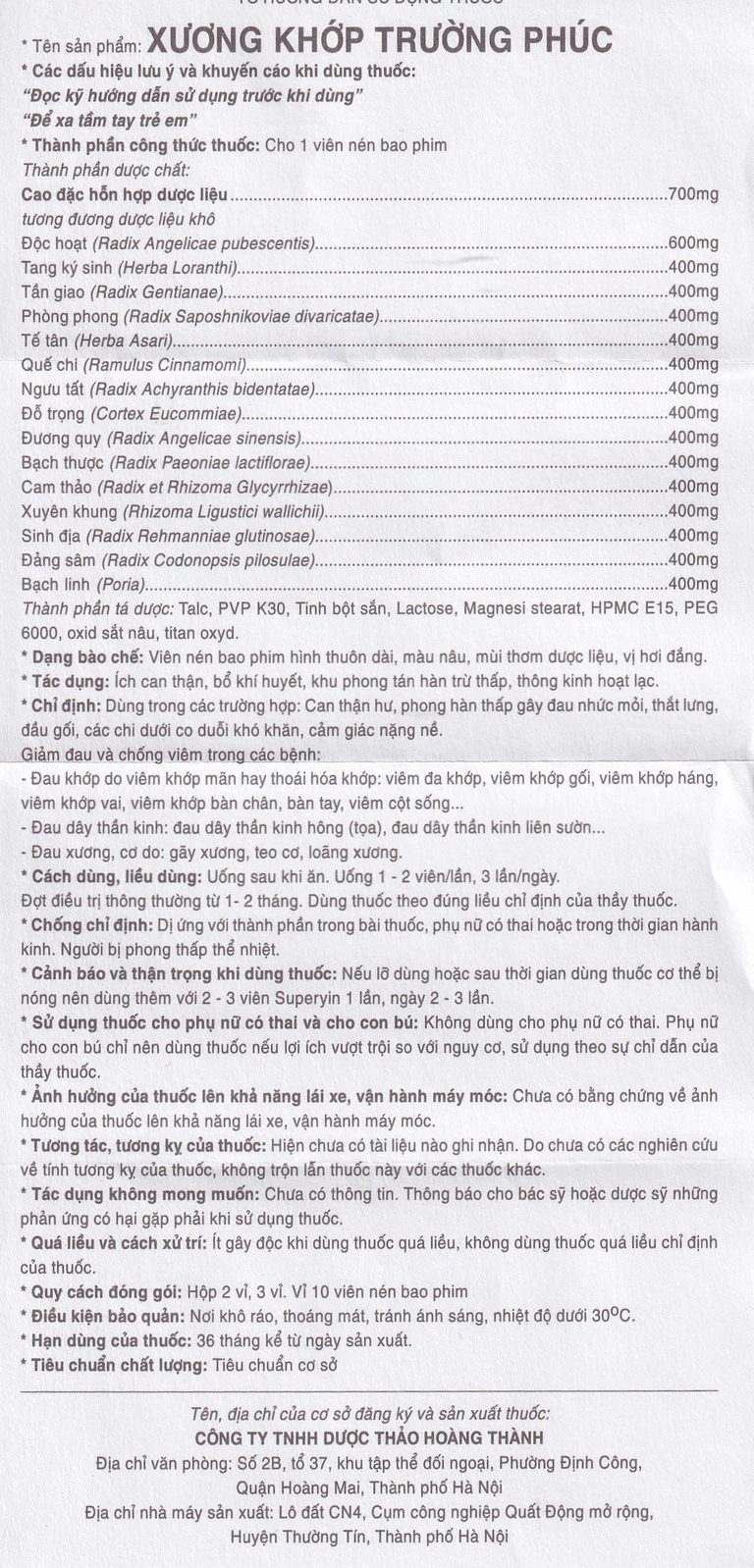 Thuốc Xương Khớp Trường Phúc dùng cho can thận hư, phong hàn thấp (2 vỉ x 10 viên)