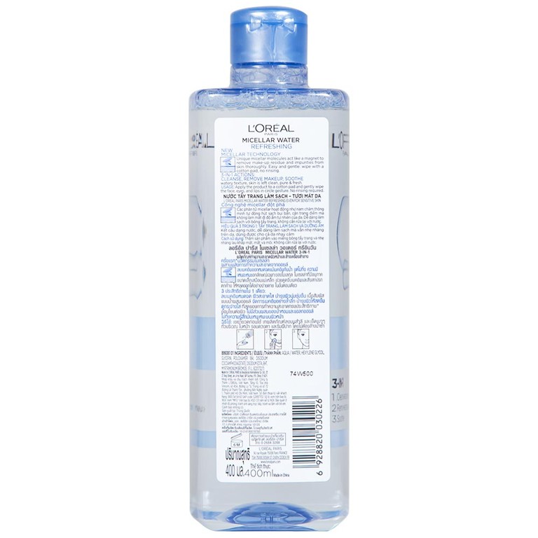 Nước tẩy trang L'Oreal Micellar Water 3-in-1 Refreshing dành cho da nhạy cảm (400ml)