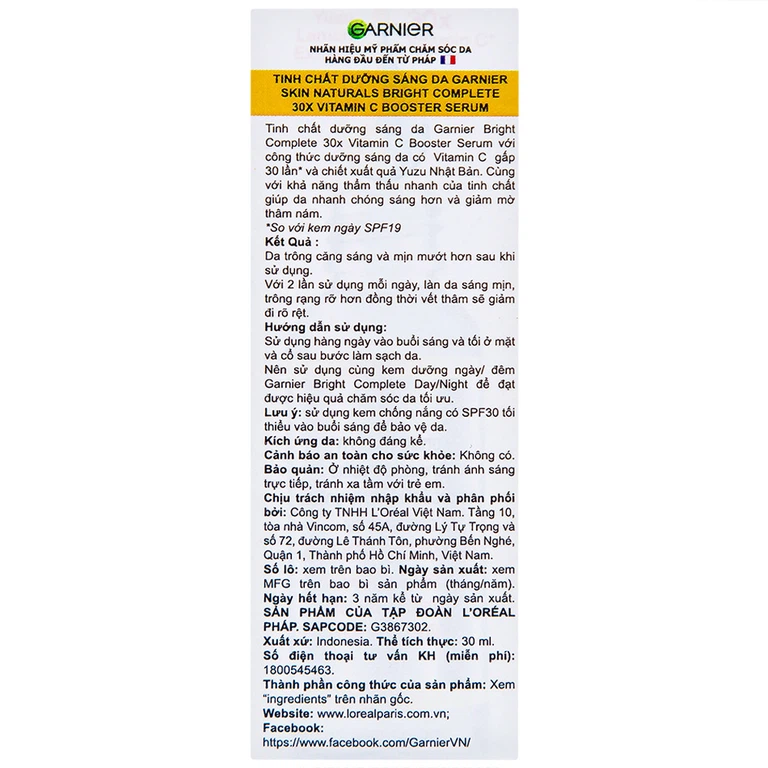 Tinh chất dưỡng sáng da Garnier Skin Naturals Bright Complete 30x Vitamin C Booster Serum (30ml)