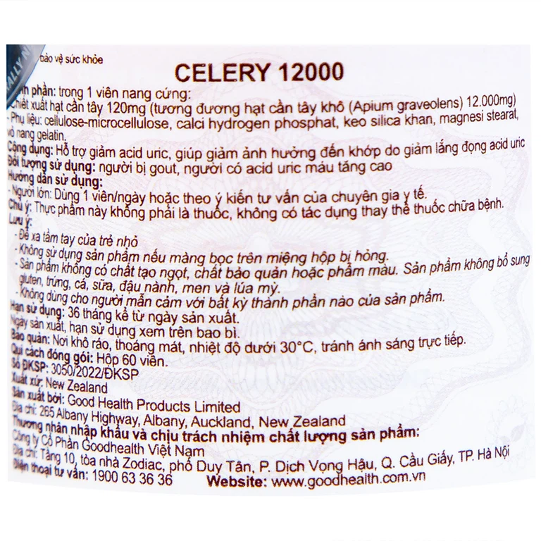 Viên uống Celery 12000 GoodHealth hỗ trợ giảm acid uric cho người bị gout (60 viên)