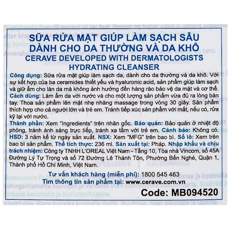 Sữa rửa mặt Cerave Hydrating Cleanser giúp làm sạch sâu dành cho da thường, da khô (236ml)