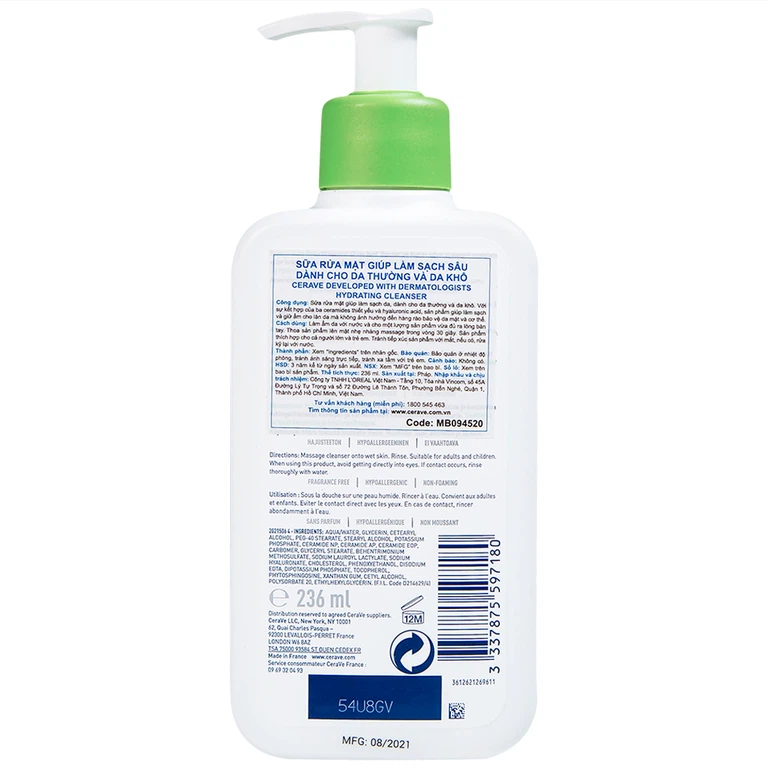 Sữa rửa mặt Cerave Hydrating Cleanser giúp làm sạch sâu dành cho da thường, da khô (236ml)