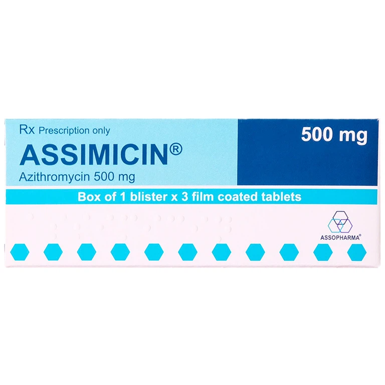 Thuốc Assimicin 500mg Assopharma điều trị viêm đường hô hấp trên, nhiễm khuẩn da (1 vỉ x 3 viên)