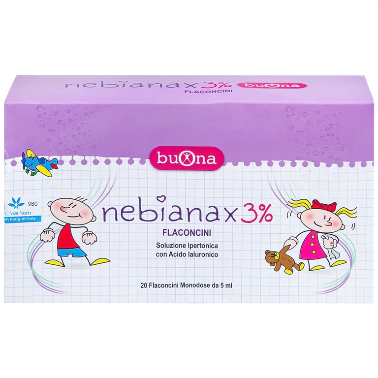 Dung dịch muối ưu trương nhỏ mũi Buona Nebianax 3% làm loãng dịch nhầy ở mũi (20 ống)