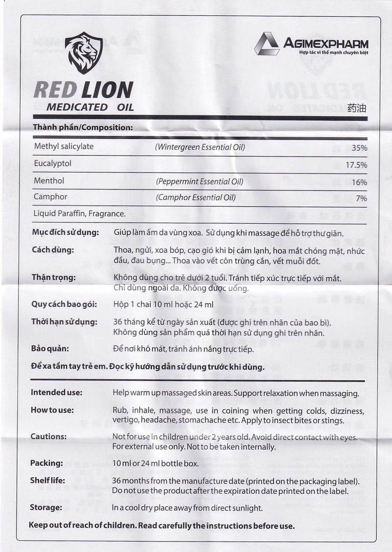 Dầu gió lăn Red Lion Medicated Oil White Agimexpharm ấm da vùng xoa, sử dụng massage hỗ trợ thư giãn (24ml)