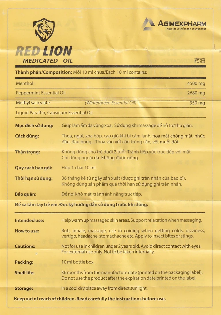 Dầu gió lăn Red Lion Medicated Oil Yellow Agimexpharm ấm da vùng xoa, sử dụng massage hỗ trợ thư giãn (10ml)