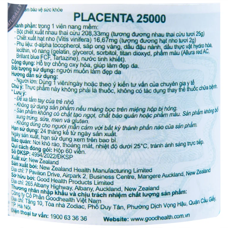 Viên uống Placenta 25,000 Plus Grape Seed hỗ trợ chống oxy hóa, làm đẹp da (60 viên)