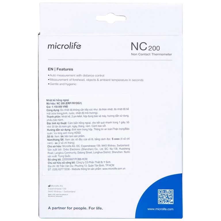 Nhiệt kế hồng ngoại đo trán Microlife NC200 không cần tiếp xúc, cho kết quả sau 1 giây
