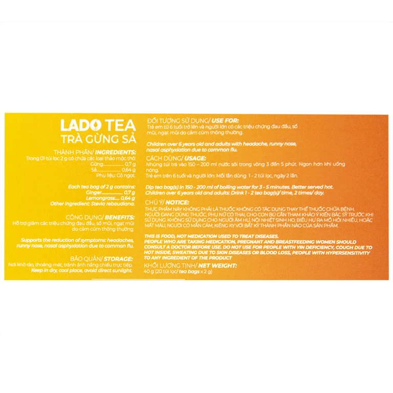 Trà gừng sả Lado Tea Premium Ladophar hỗ trợ giảm các triệu chứng đau đầu (20 túi x 2g)