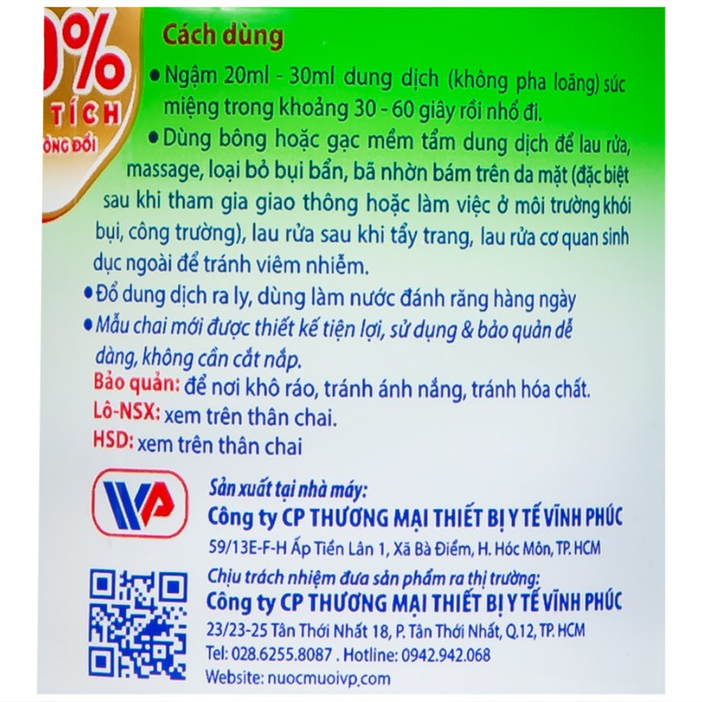 Nước muối Vĩnh Phúc Natriclorid 0.9% Smiles làm sạch răng, khử mùi hôi khoang miệng (600ml)