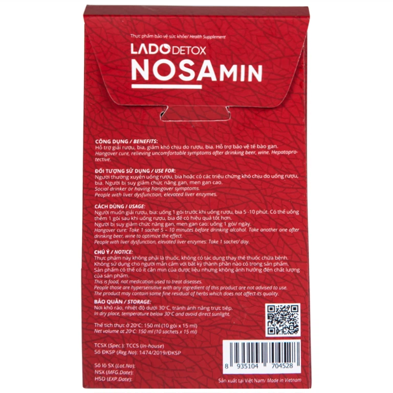 Nước giải rượu bia Ladodetox Nosamin Ladophar hỗ trợ giải rượu, bia, giảm khó chịu (10 gói x 15ml)
