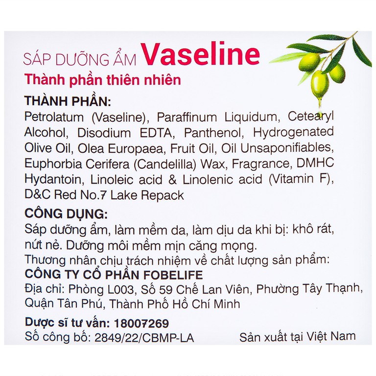 Sáp dưỡng ẩm Vaseline Rosy Lotus Fobelife làm mềm da, làm dịu da khi bị khô rát, nứt nẻ, dưỡng môi (7g)
