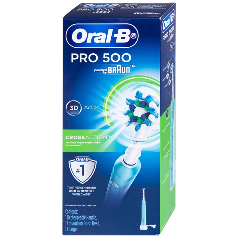 Bàn chải đánh răng điện Oral-B Pro 500 Crossaction loại bỏ các mảng bám và vết ố trên răng