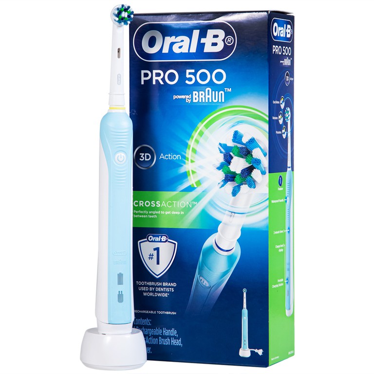 Bàn chải đánh răng điện Oral-B Pro 500 Crossaction loại bỏ các mảng bám và vết ố trên răng