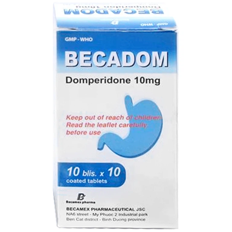 Thuốc Becadom 10mg Becamex giảm các triệu chứng buồn nôn, đau bụng, ợ hơi, viêm dạ dày liên tục (10 vỉ x 10 viên)