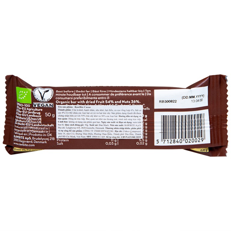Thỏi dinh dưỡng hữu cơ RawBite Cacao cung cấp dinh dưỡng và năng lượng (50g)