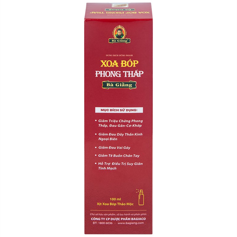 Xịt xoa bóp phong thấp Bà Giằng 100ml giảm triệu chứng phong thấp, đau gân cơ khớp