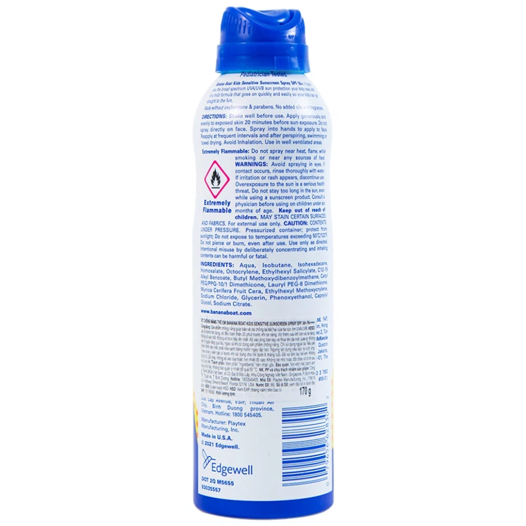 Xịt chống nắng trẻ em Banana Boat Kids Sensitive Sunscreen Spray SPF50+ PA++++ dành cho toàn thân (170g)