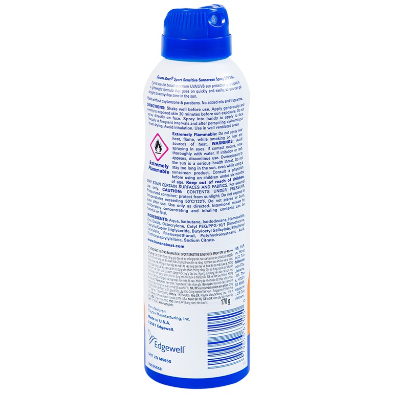 Xịt chống nắng thể thao Banana Boat Sport Sensitive Sunscreen Spray SPF50+ PA++++ (170g) 