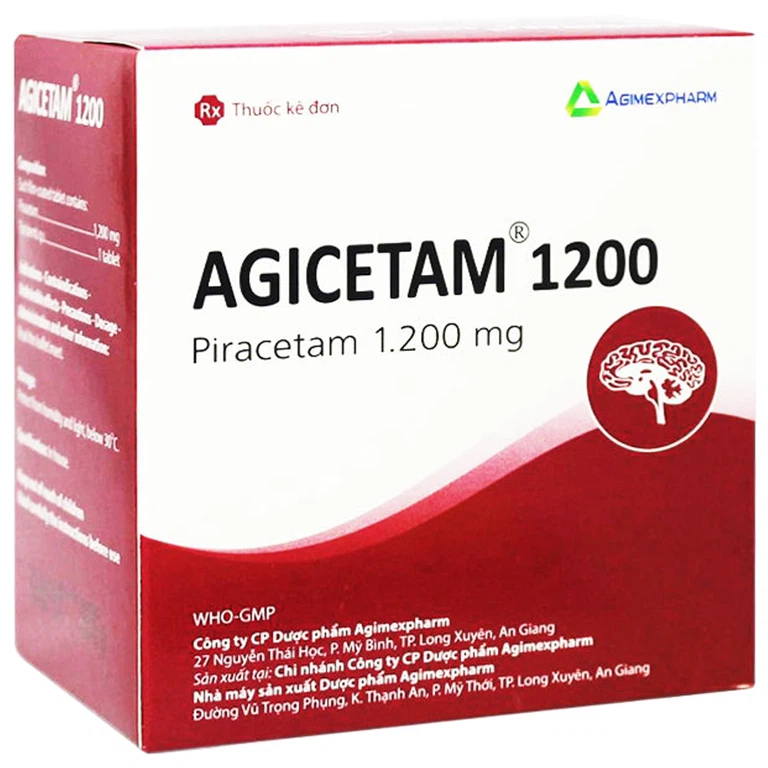 Thuốc Agicetam 1200mg Agimexpharm điều trị triệu chứng chóng mặt, suy giảm trí nhớ, đột quỵ do thiếu máu cục bộ cấp (10 vỉ x 10 viên)