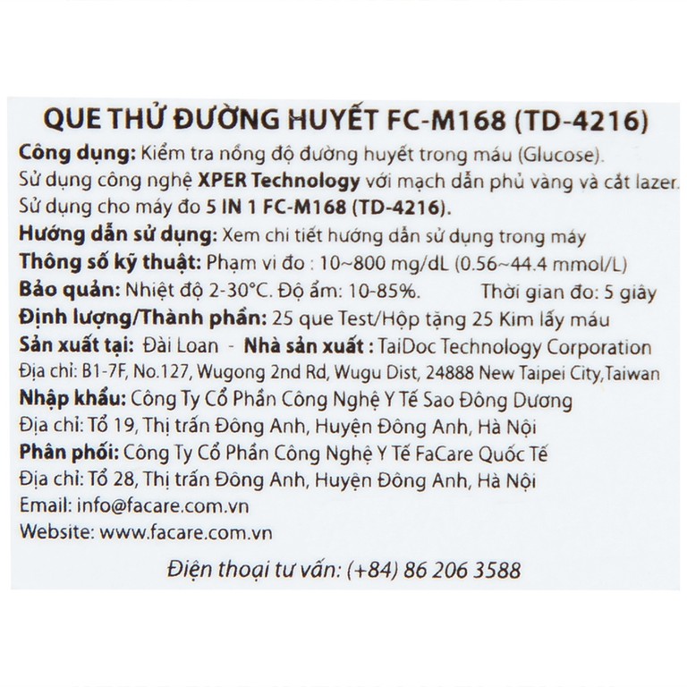 Que thử đường huyết FaCare FC-M168 (TD-4216) kiểm tra nồng độ đường huyết trong máu (25 cái)