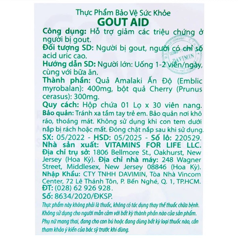 Viên uống Gout Aid Vitamins For Life hỗ trợ giảm triệu chứng ở người bị gout (30 viên)