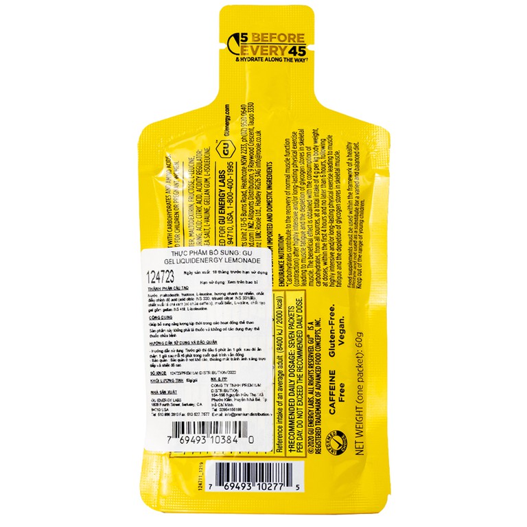 Thực phẩm bổ sung GU Gel Liquid Energy Lemonade 60g bổ sung năng lượng trong các hoạt động thể thao 