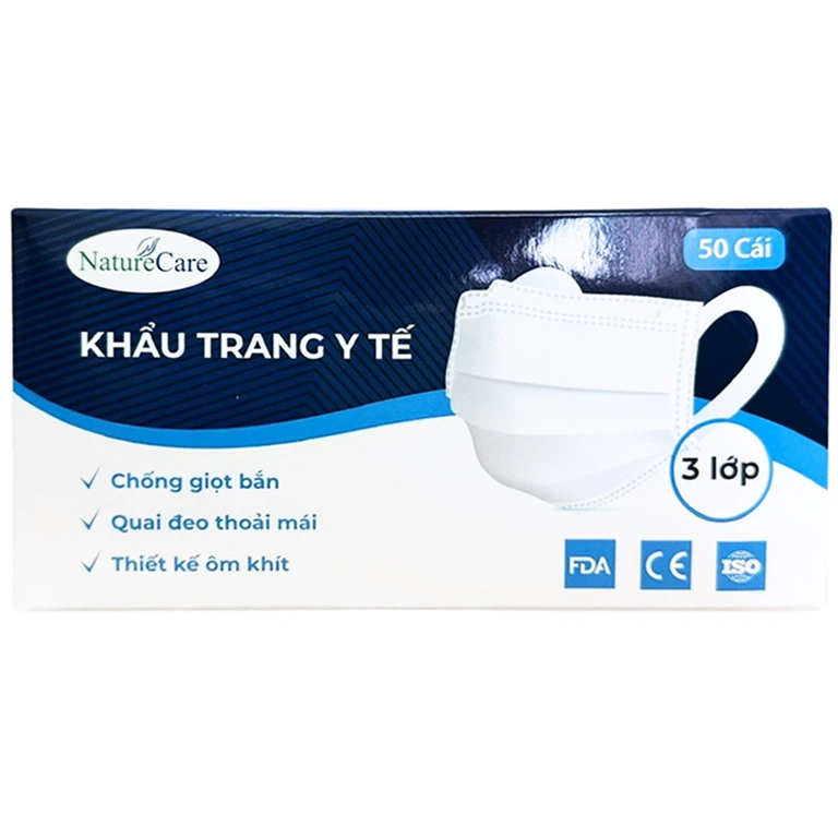 Khẩu trang y tế Naturecare màu trắng 3 lớp hỗ trợ ngăn khói, bụi, kháng khuẩn (50 cái)