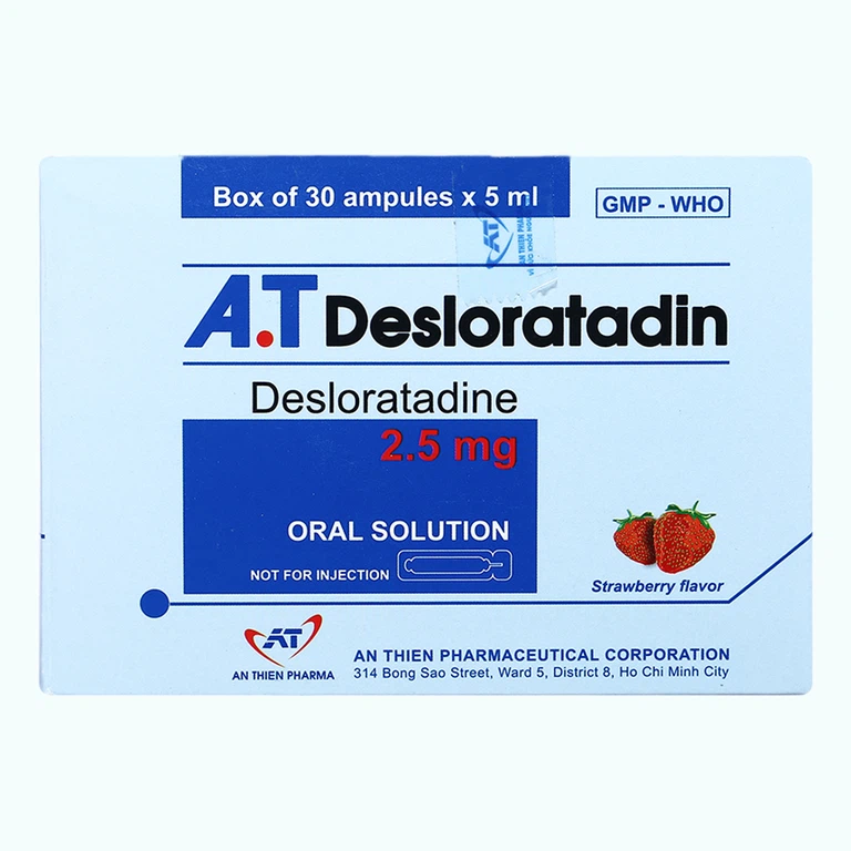 Dung dịch uống A.T Desloratadin 2.5mg An Thiên giảm viêm mũi dị ứng, ngứa, nổi mày đay mạn tính (30 gói x 5ml)