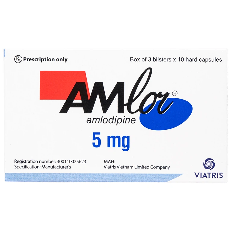 Thuốc Amlor 5mg Viatris điều trị tăng huyết áp, đau thắt ngực (3 vỉ x 10 viên)