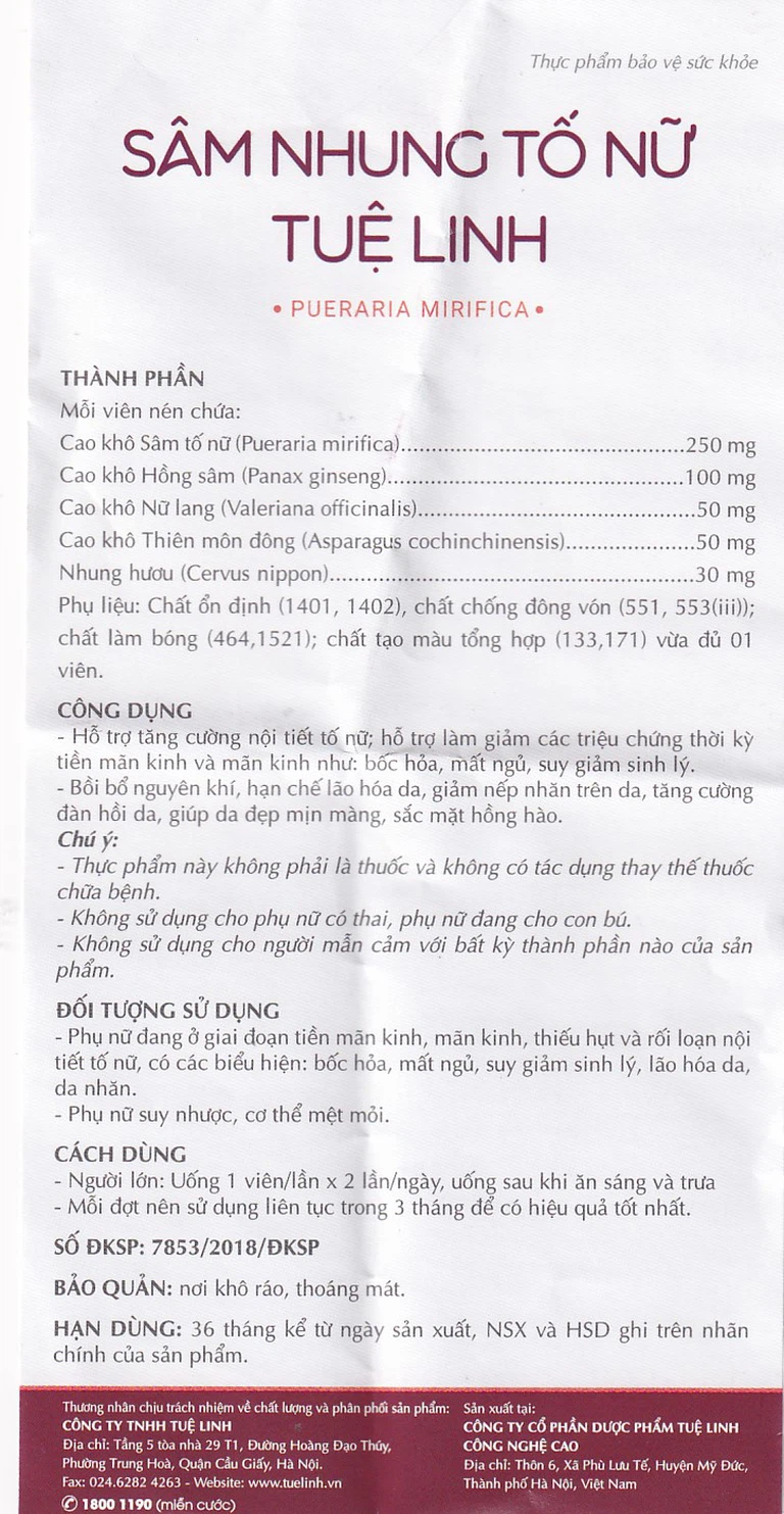 Viên nén Sâm Nhung Tố Nữ Tuệ Linh hỗ trợ tăng cường nội tiết tố nữ (Hộp 30 viên)