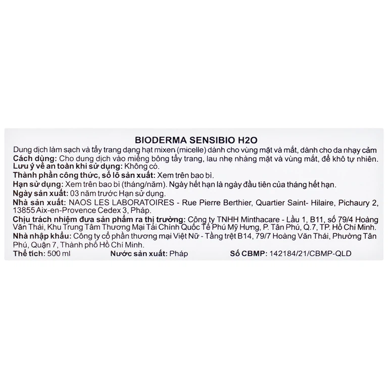 Dung dịch Bioderma Sensibio H2O dạng hạt mixen (micelle) dùng tẩy trang dành cho mặt, mắt, da nhạy cảm (500ml)