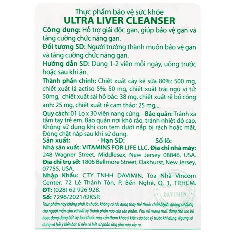 Viên uống Ultra Liver Cleanser Vitamins For Life hỗ trợ giải độc gan, giúp bảo vệ gan (30 viên)