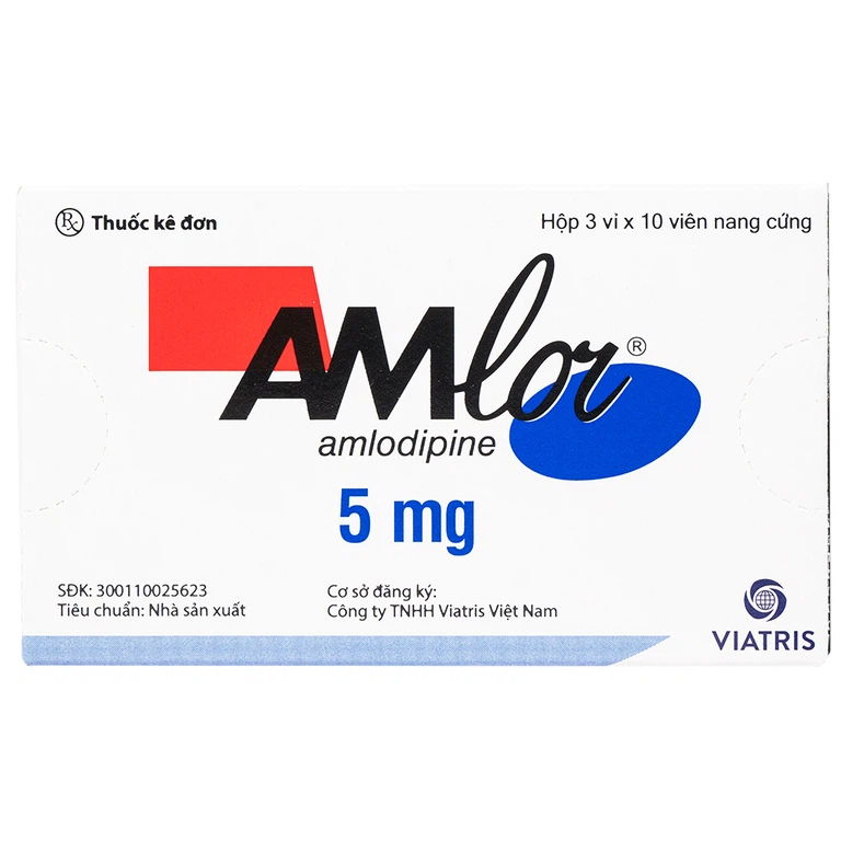 Thuốc Amlor 5mg Viatris điều trị tăng huyết áp, đau thắt ngực (3 vỉ x 10 viên)