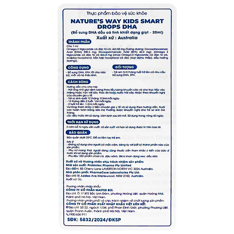 Siro Kids Smart Drops DHA 20ml Nature's Way thúc đẩy sự phát triển của não bộ và hệ thần kinh ở trẻ nhỏ
