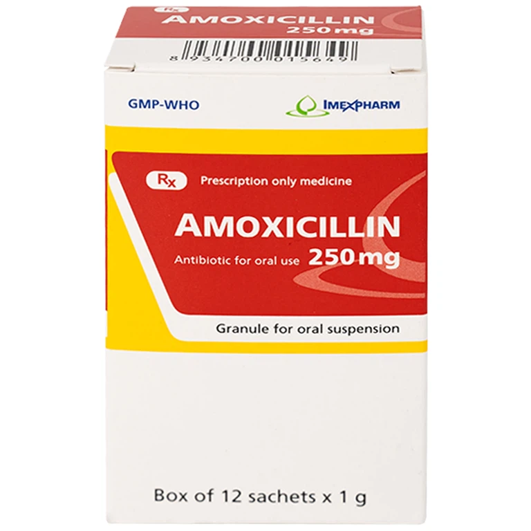 Hỗn dịch uống Amoxicillin 250mg Imexpharm điều trị nhiễm khuẩn đường hô hấp, đường mật, đường tiêu hóa (12 gói)