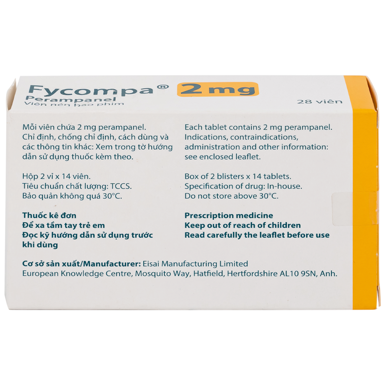 Thuốc Fycompa 2mg Eisai điều trị bổ trợ cơn động kinh (2 vỉ x 14 viên)