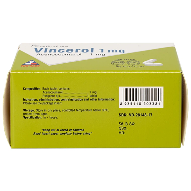 Thuốc Vincerol 1mg Vinphaco dùng trong bệnh tim gây tắc mạch, nhồi máu cơ tim (10 vỉ x 10 viên)