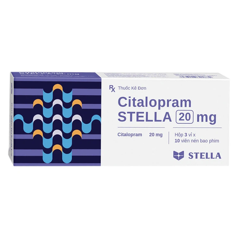 Thuốc Citalopram Stella 20mg điều trị các đợt trầm cảm nặng, rối loạn hoảng loạn (3 vỉ x 10 viên)