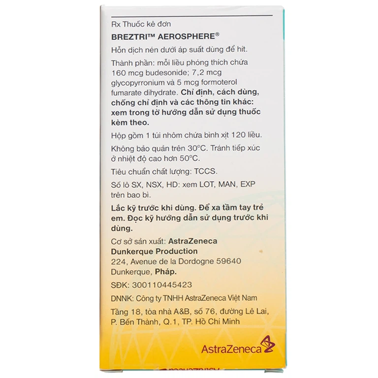 Thuốc hít Breztri 160/7.2/5mcg Astrazeneca giảm co thắt phế quản cấp tính (120 liều)