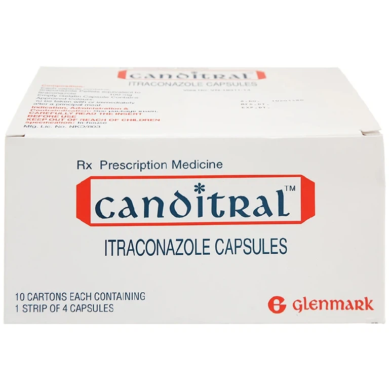 Thuốc Canditral 100mg Glenmark điều trị nấm Candida, lang beng, nấm móng, nấm chân tay (10 hộp nhỏ x 4 viên)